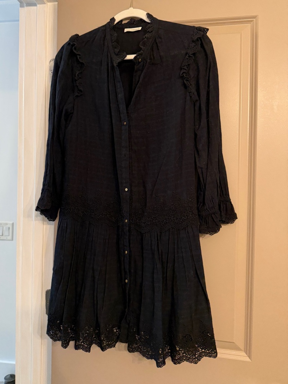 Ulla Johnson Black Long-Sleeve Lace-Trim Button-Front Dress
